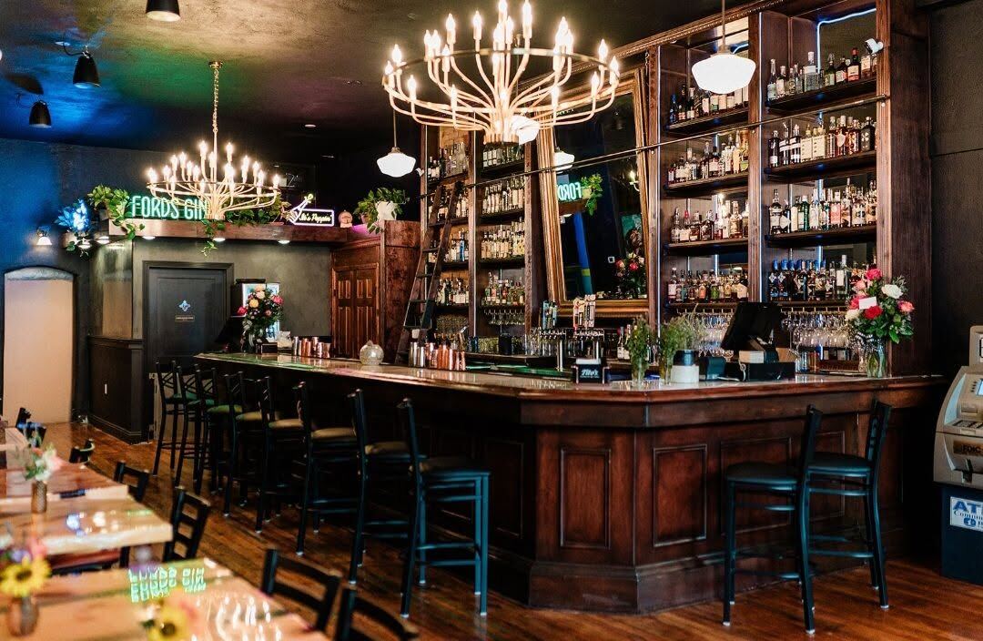 Borracho's back bar, chandeliers, and bar top on Bridge St