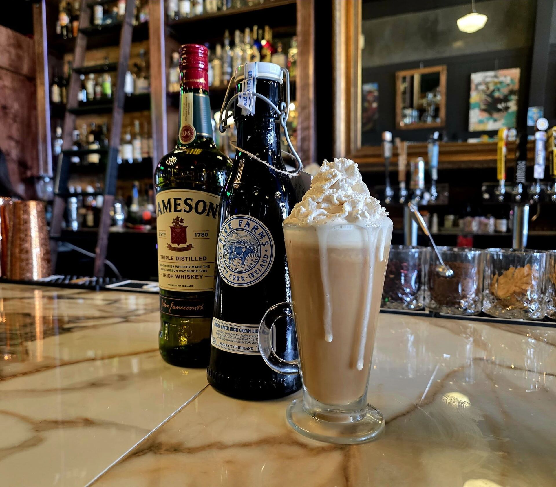 Irish Coffee with Jameson and Five Farms Irish Cream at Borracho's