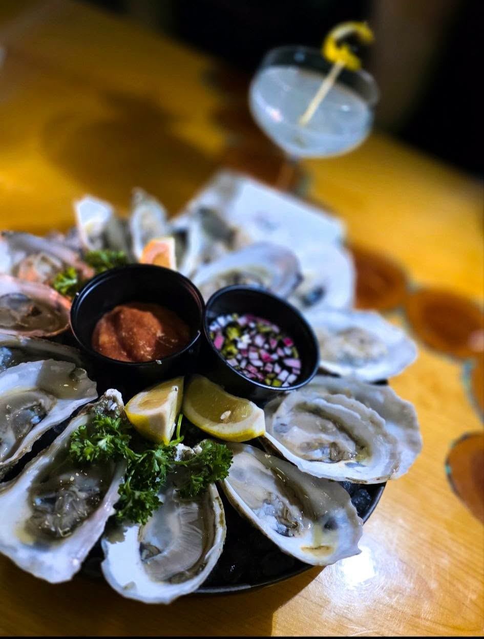 Close-up of oysters on ice at Borracho's
