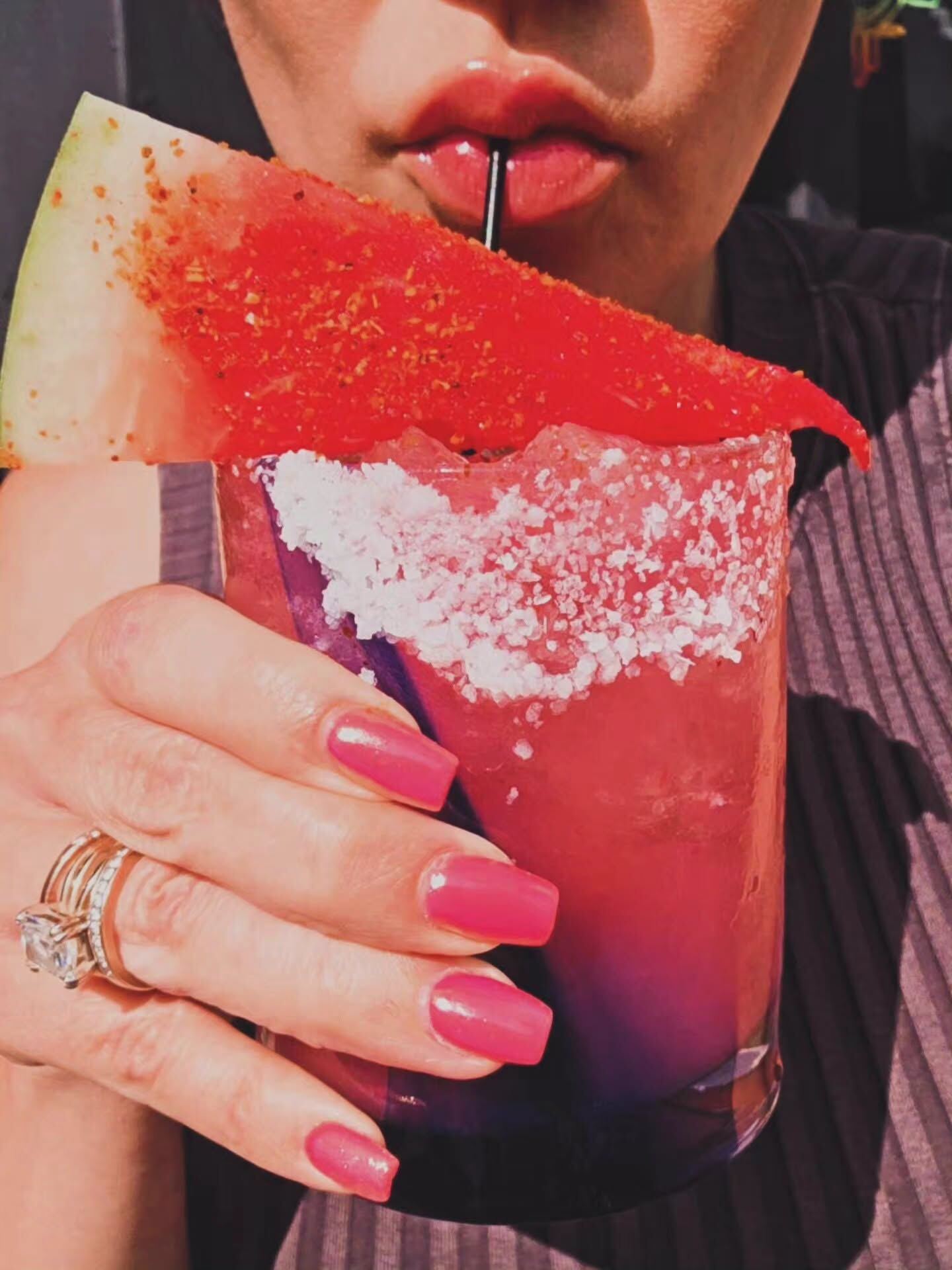 Watermelon cocktail with chili-salt rim at Borracho's